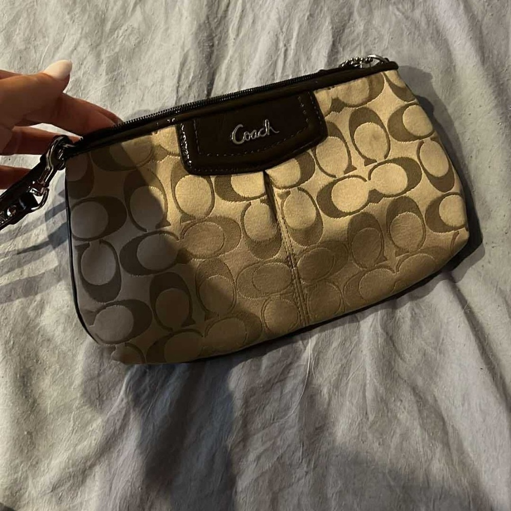 Coach Signature Beige and Brown Wristlet